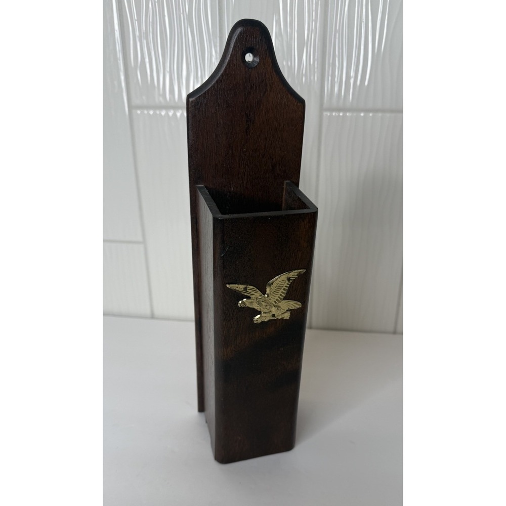 VTG Wooden Matchstick Holder Long Matchsticks Fireplace Eagle Early American